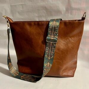Unisex Carmel Brown Crossbody Bag With Patterned Tapestry Boho Adjustable Strap